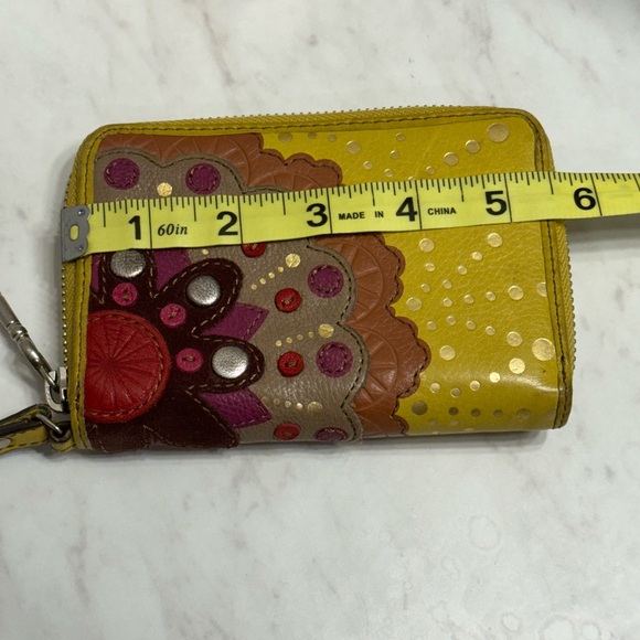 New Vintage Fossil Leather Wristlet Wallet Chartreuse Green Pink & Brown Design - Picture 9 of 11